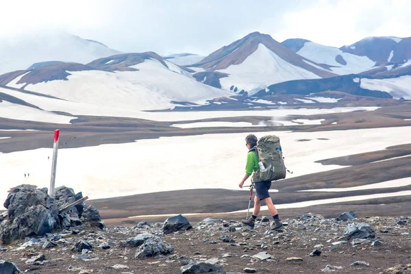 Hiker Hikers Walking Hiking Trail Icelandic Mountains Landmannalaugar Iceland — Stockfoto