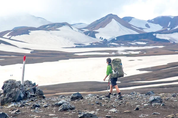 Hiker Hikers Walking Hiking Trail Icelandic Mountains Landmannalaugar Iceland — стоковое фото