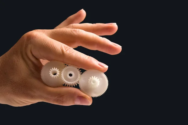 White Plastic Gears Hand Machine Motion Transmission Mechanism — Zdjęcie stockowe