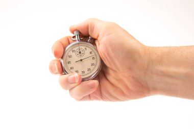 hand with a mechanical analog stopwatch on a white background. Time part precision. Measurement of the speed interval