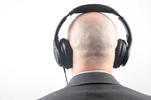 Back Head Man Headphones Relaxation Listening Music Light Background — Stock Photo, Image