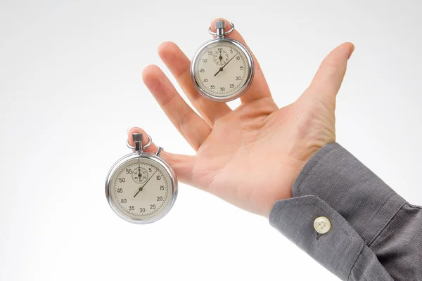 Two Mechanical Stopwatches Hang Fingers Male Hand Time Part Precision — Stockfoto