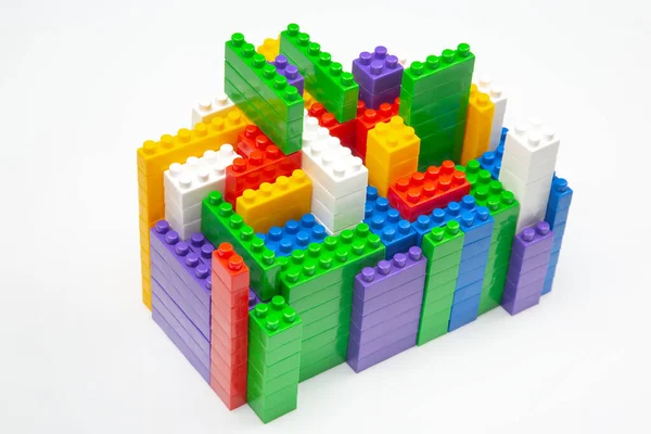 Colored Blocks Plastic Constructor White Background Form Multi Storey Buildings — Stock Photo, Image