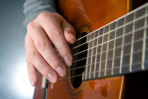 Man Plays Classical Guitar String Musical Instrument Hands Musician Playing —  Fotos de Stock