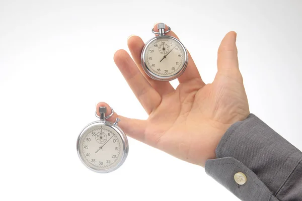 Два Механічні Секундоміри Висять Пальцях Чоловічої Руки Точність Часової Частини — стокове фото