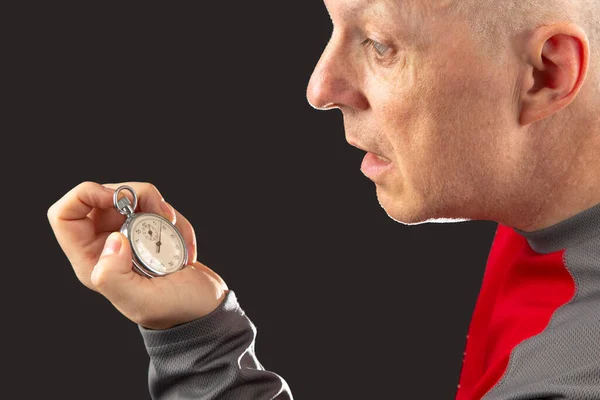 Man Looks Mechanical Stopwatch His Hand Time Part Precision Measuring — Stockfoto