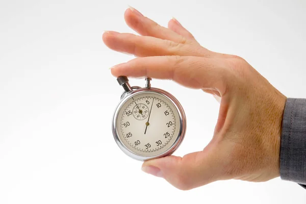 Hand Mechanical Analog Stopwatch White Background Time Part Precision Measurement — Stockfoto