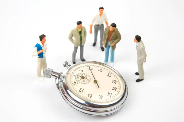 Miniature People Mechanical Stopwatch Background Business People Part Time Accuracy — Stock Photo, Image