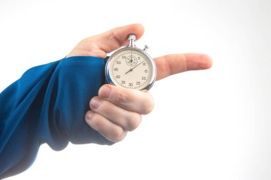 hand with a mechanical stopwatch on a white background.