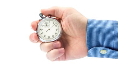 hand with a mechanical stopwatch on a white background. Time part precision. Measurement of the speed interval