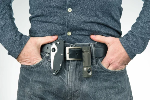 Man Jeans Leather Belt Flashlight Knife Survival Items — Stock Photo, Image