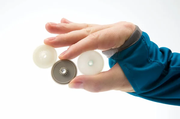 White Plastic Gears Hand Machine Motion Transmission Mechanism — Zdjęcie stockowe