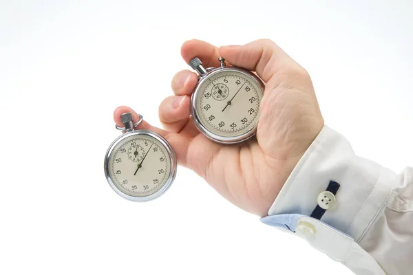 Two Mechanical Stopwatches Hang Fingers Male Hand Time Part Precision — 스톡 사진