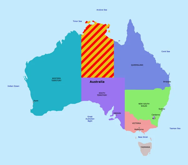 Severní teritorium na mapě Austrálie Vektorové ilustrace - zvýraznění červeně šrafované oblasti — Stockový vektor