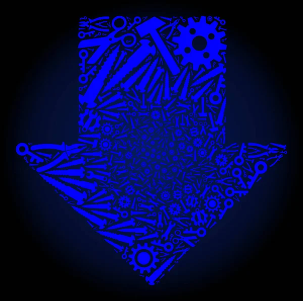 青い色の工業用ツールのコラージュの矢印ダウン — ストックベクタ