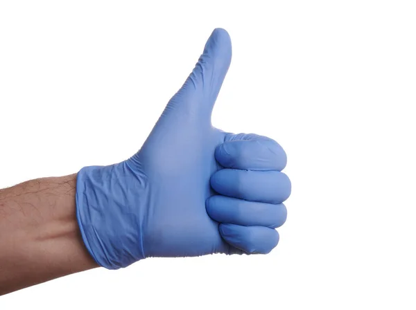 Gloved Thumb up Hand Gesture In Blue Nitrile Glove — Zdjęcie stockowe