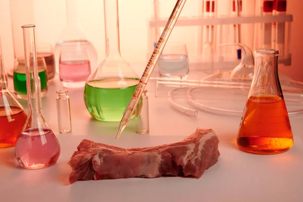 Testing of Meat with Glass Pipe in a Lab — 图库照片