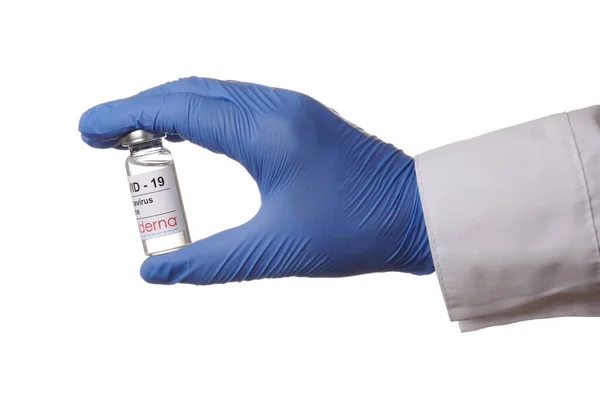 Medic Hand Shows Moderna Vaccine Vial - Isolated Photo — Stock Photo, Image