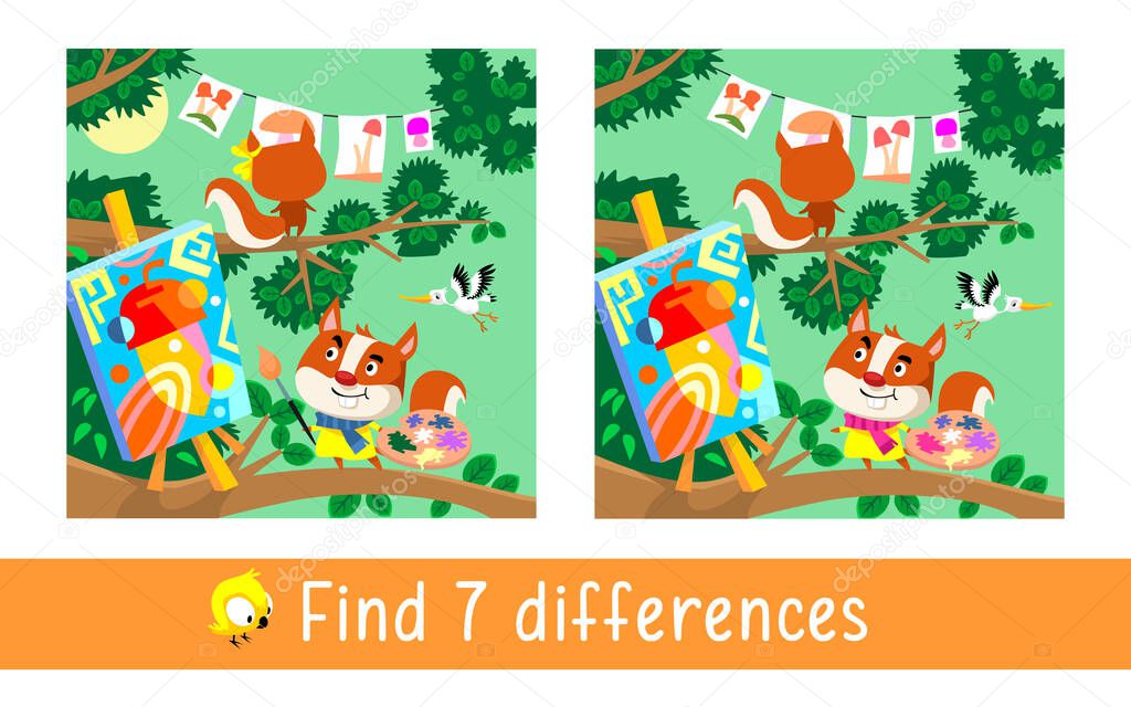 Forest painting school for squirrels. Find 7 differences. Game for children. Activity, vector.
