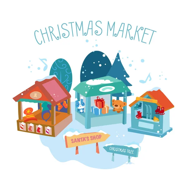 Fa standok a karácsonyi piacon. Vektor kézzel rajzolt rajzfilm lapos stílusú illusztráció. — Stock Vector