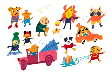 Kışın sevimli komik arabalar, hayvanlar. Eğitim oyunları, bulmacalar, duvar kağıtları, kartpostallar, desenler için karakterler. Vektör el çizilmiş çizgi film düz biçimi.