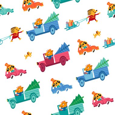 Noel 'den önce arabalar ve kamyonlar. Şehirdeki sevimli karakterler. Kusursuz desen, vektör, tam renk.