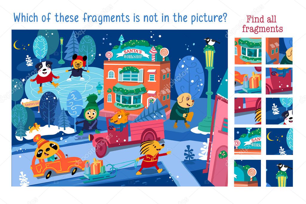 Which of these fragments is not in picture. Find all the fragments. Christmas village with cute characters and buildings. Child Game. Activities, vector illustration.