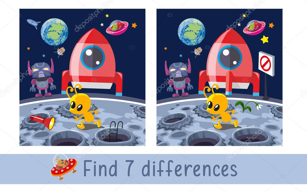 Rocket and alien on moon. Find 7 differences. Game for children. Activity, vector.
