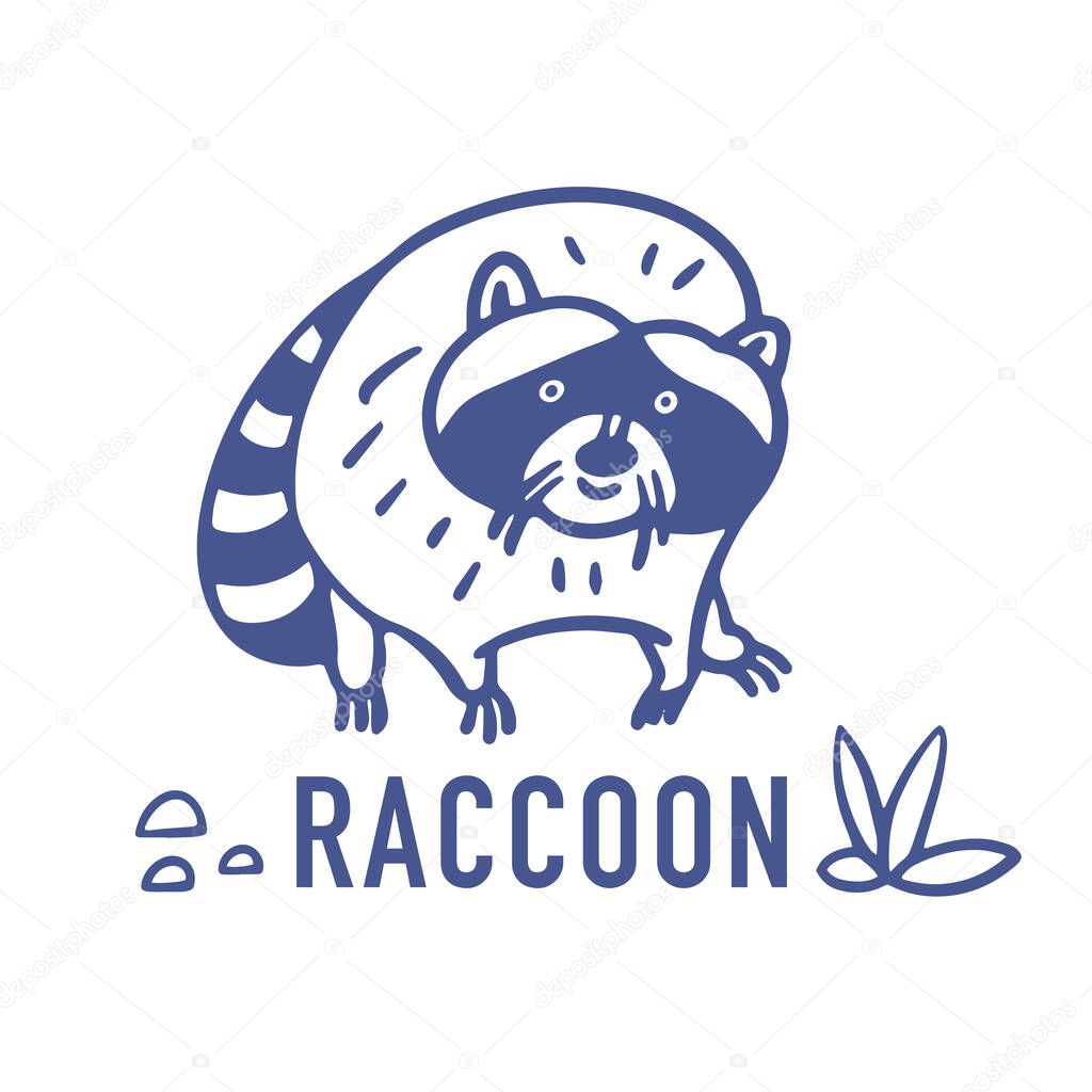 Cute raccoon. North American animal, native mammal. Outline logo design. Vector illustration isolated on white background.