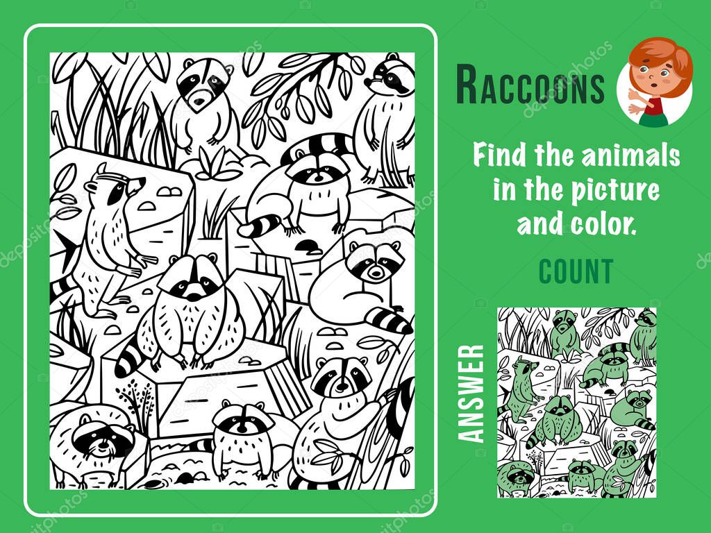 Find raccoons, color and count. Games for kids. Puzzle game with hidden objects. Funny cartoon characters. Vector illustration.