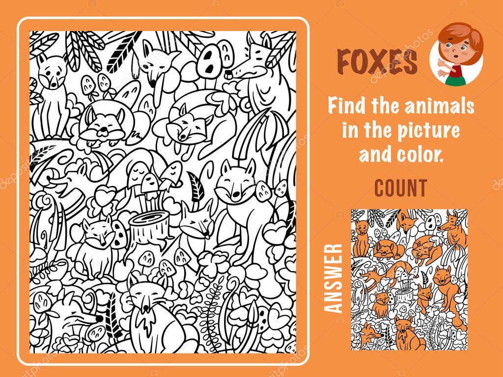 Find foxes, color and count. Games for kids. Puzzle game with hidden objects. Funny cartoon characters. Vector illustration.