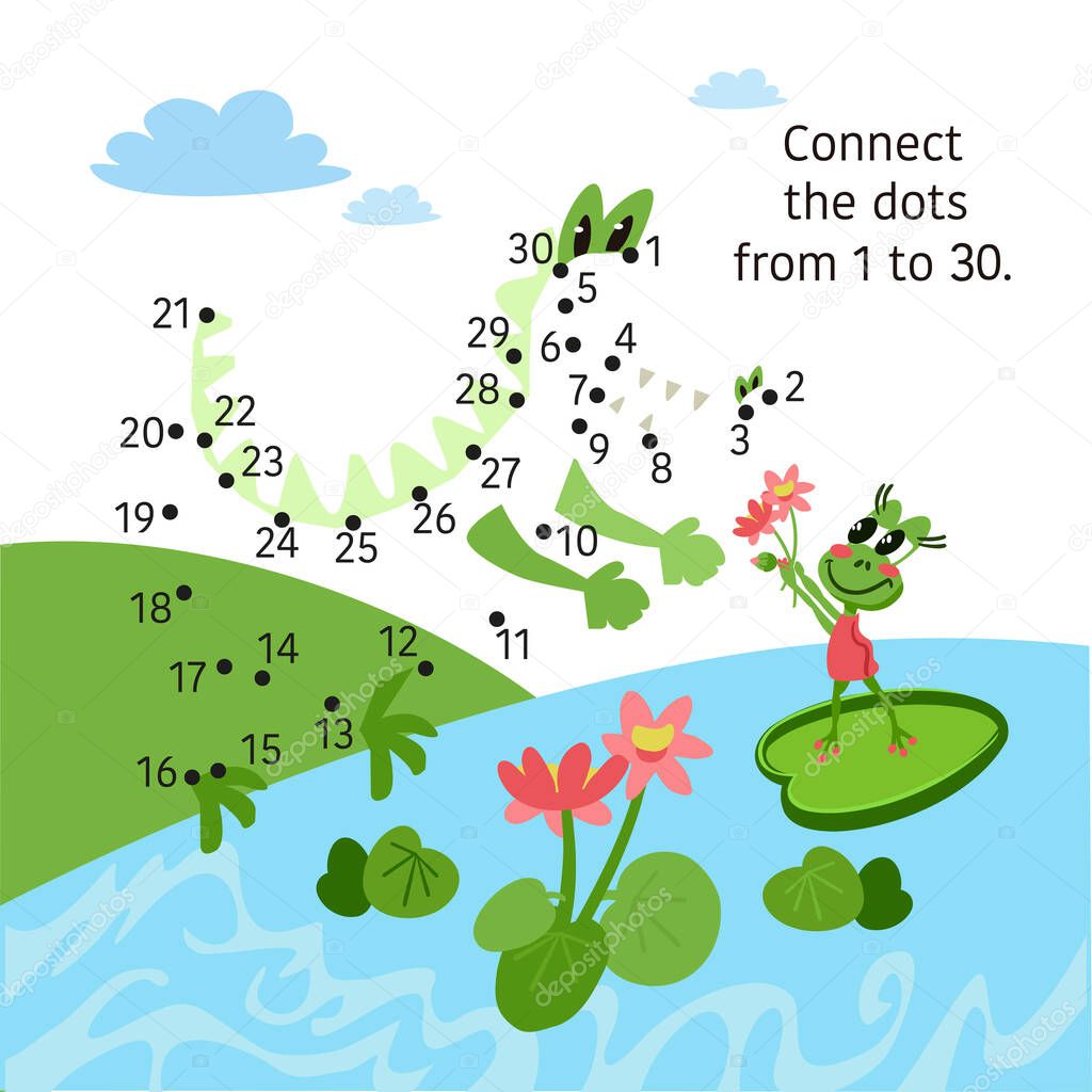 Bouquet of lotuses for crocodile. Activity page for kids. Educational game. Connect dots from 1 to 30.