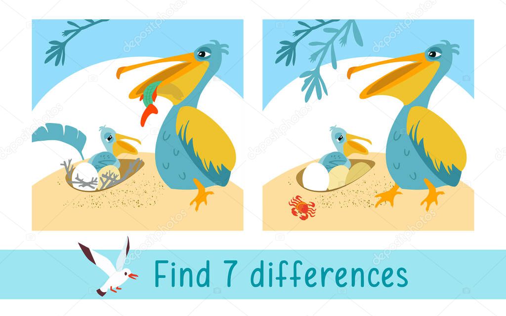 Bird pelican with fish in beak. Nest with chick in sand. Find 7 differences. Game for children. Activity, vector.