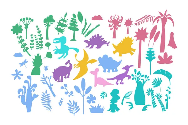 史前动植物群平面轮廓的向量集 雨林元素 卡通平面插图 — 图库矢量图片