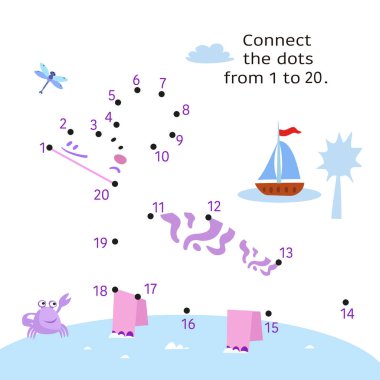 Jurassic Park 'taki dinozor. Dot 'tan Dot' a. Noktaları 1 'den 20' ye birleştir. Çocuklar için oyun. Vektör illüstrasyonu.