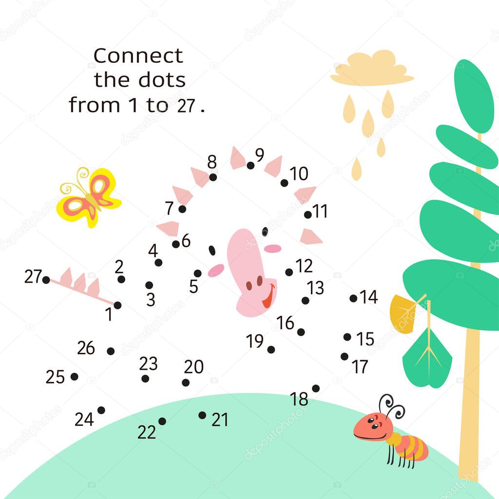 Dino in jurassic park. Dot to Dot. Connect the dots from 1 to 27. Game for kids. Vector illustration.