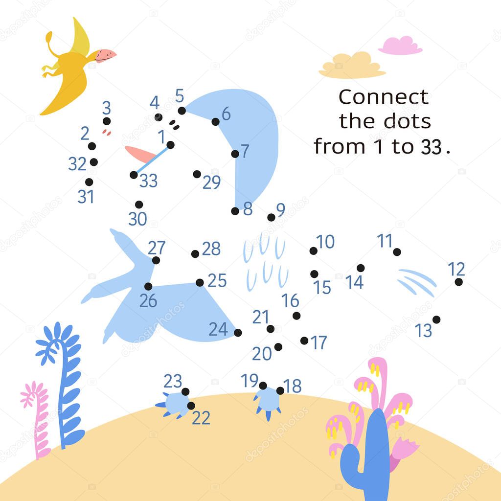 Dino in jurassic park. Dot to Dot. Connect the dots from 1 to 33. Game for kids. Vector illustration.