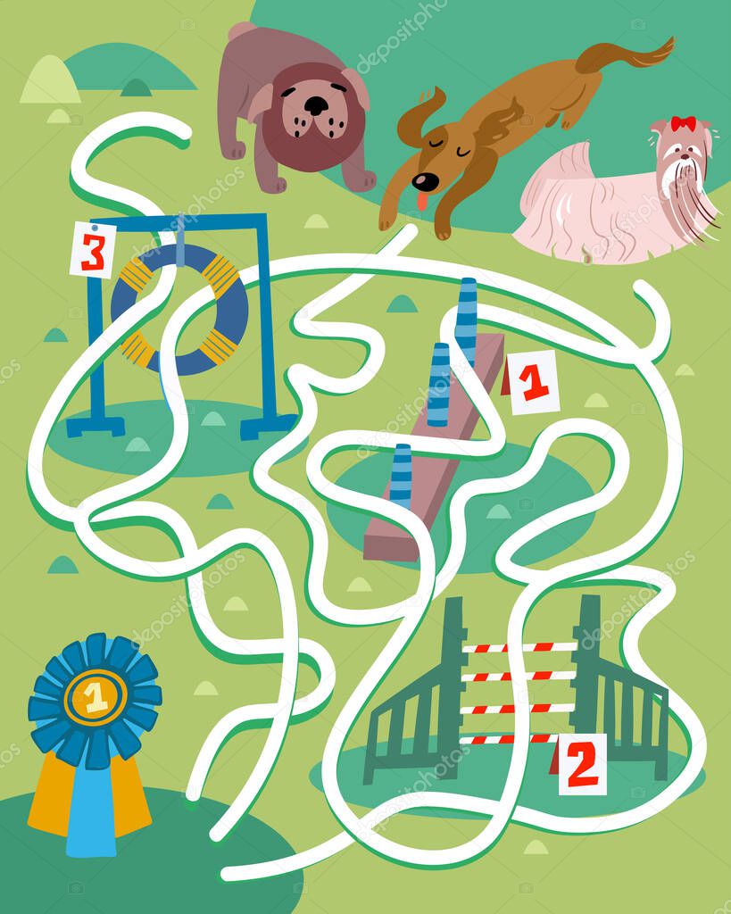 Which of dogs will run on correct path and receive winner cup. Remember winner must overcome three sports equipment from 1 to 3. Maze for kids. Full color hand draw vector illustration