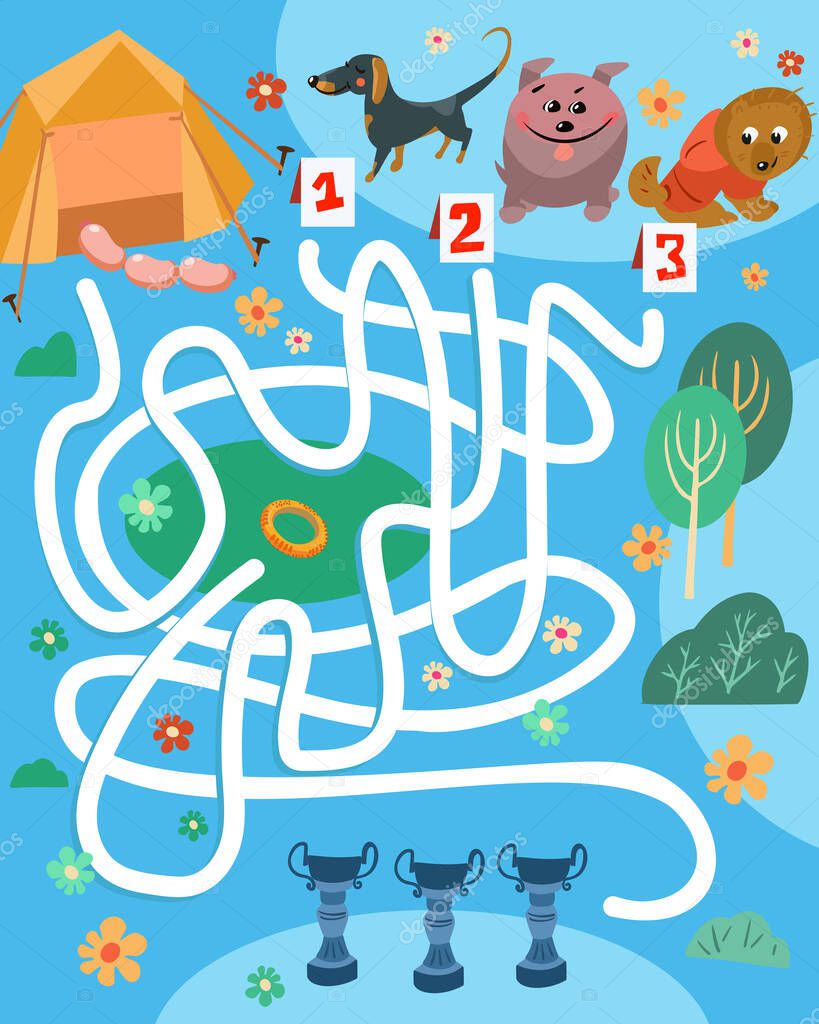 Which of puppies will run on correct path and receive winners cup. Maze for kids. Full color hand drawing vector illustration.