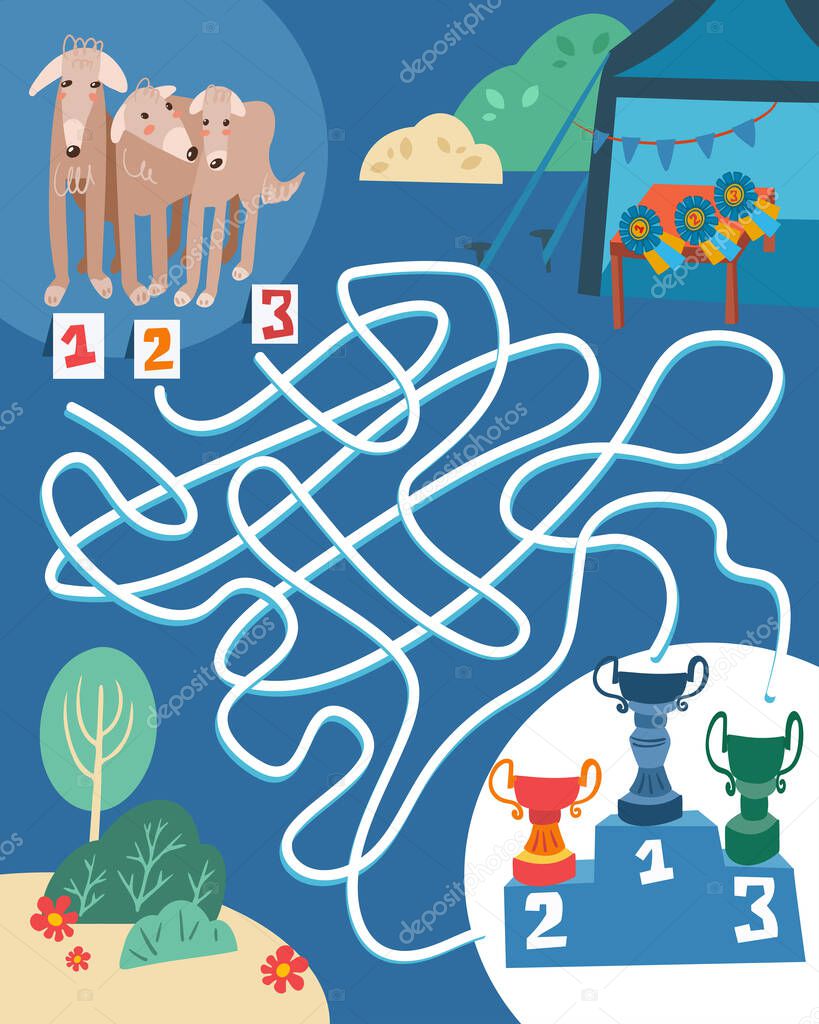 What place will each dog take. Follow the paths. Maze education for kids. Full color hand drawing vector illustration.