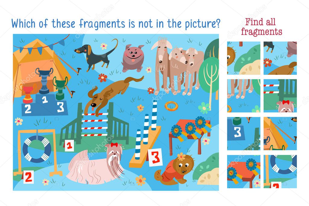 Which of these fragments is not in the picture. Find all fragments. Dog show with cute animals characters. Child Game. Activities, vector illustration.