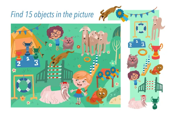 Encuentra 15 objetos ocultos en la imagen. Espectáculo de perros con personajes animales lindos. Juego de niños. Actividades, ilustración vectorial. — Vector de stock