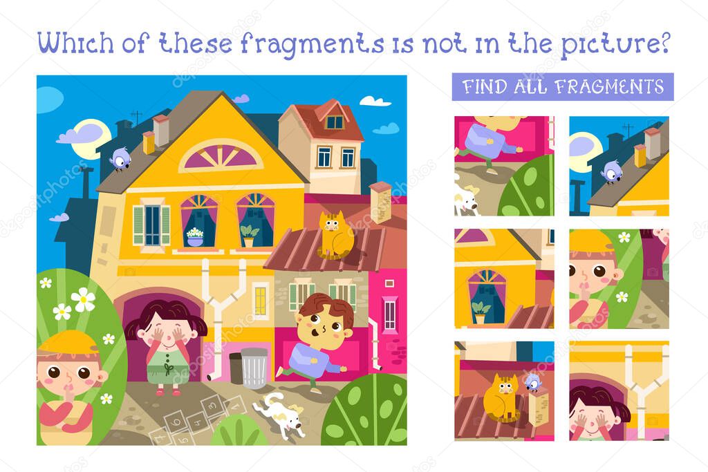 Cute kids play hide and seek. Find all fragments. Game for children. Cartoon character vector illustration.