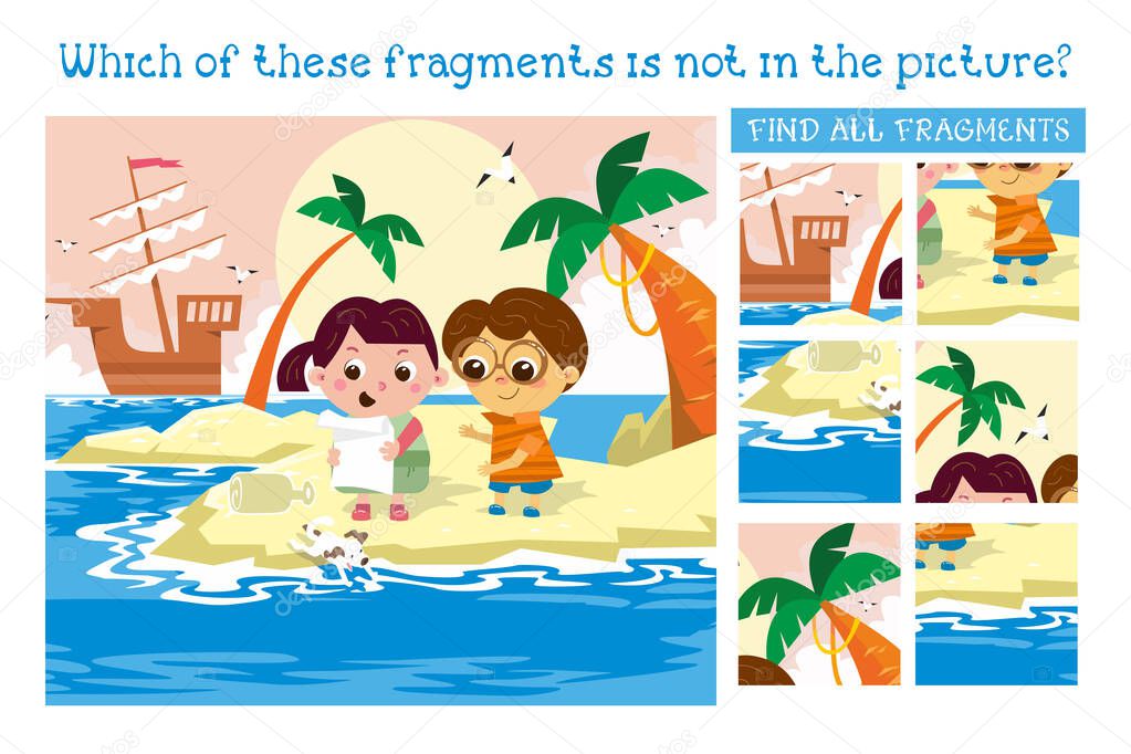 Cute kids on desert island. Find all fragments. Game for children. Cartoon character vector illustration.