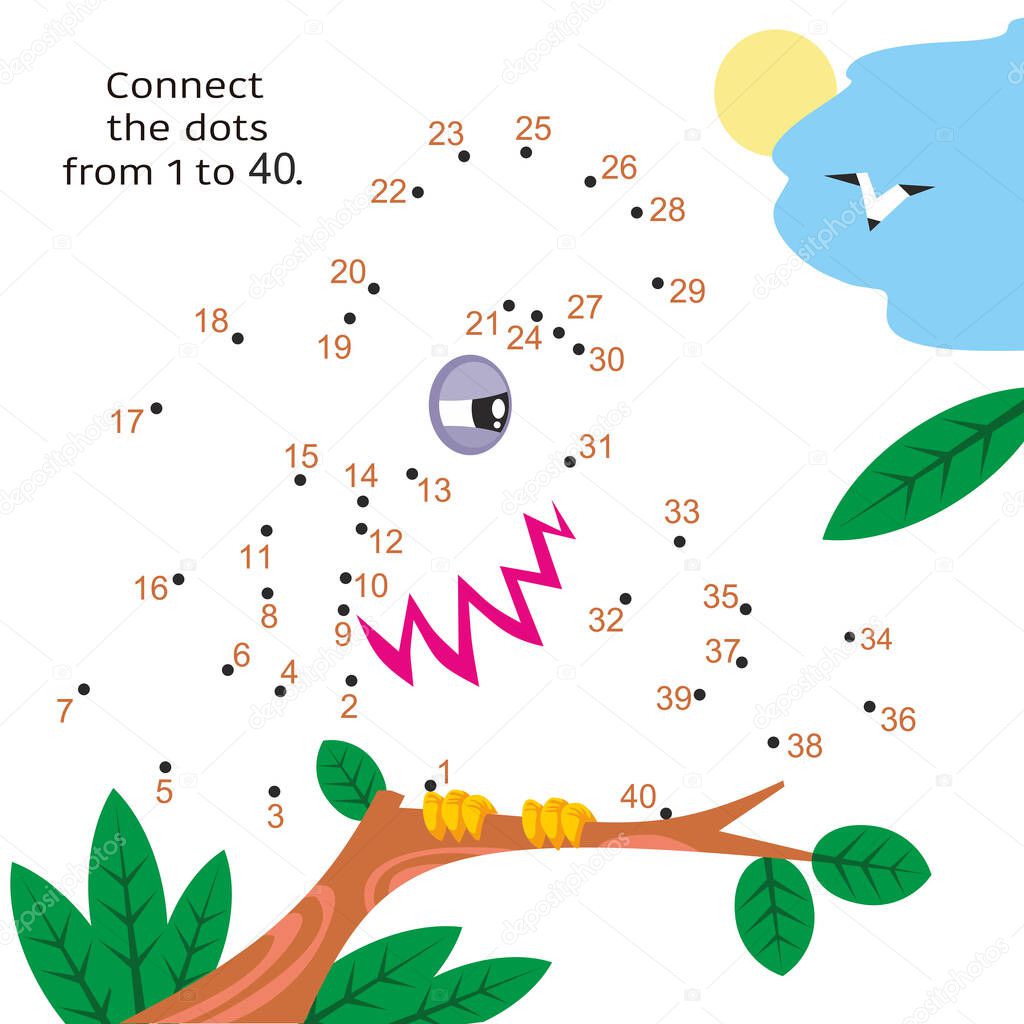 Parrot on branch. Activity page for kids. Educational game. Connect dots from 1 to 40.