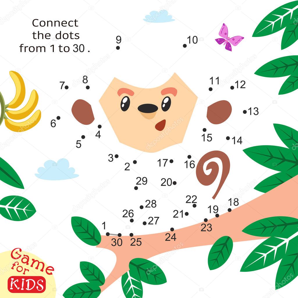 Monkey on branch. Activity page for kids. Educational game. Connect dots from 1 to 30.