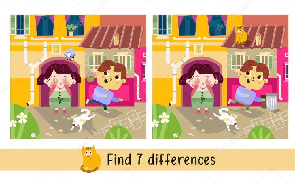 Cute kids characters play hide and seek. Find 7 differences. Game for children. Activity, vector illustration.