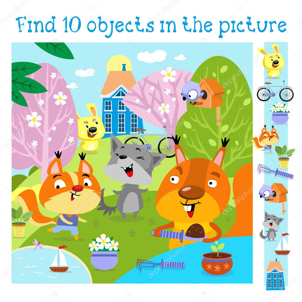 Cute forest animals in spring. Background with flowering trees. Find 10 items. Game for children. Hand drawn full color children illustration. Vector flat cartoon picture.