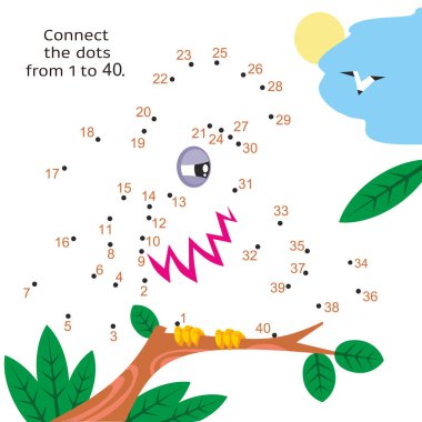 Papağan dalda. Çocuklar için etkinlik sayfası. Eğitici bir oyun. Noktaları 1 ile 40 arasında birleştir.