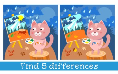 Kedi ressamı manzara çizer. Yaz arkaplanındaki çizgi film karakteri. 5 farklılık bul. Çocuklar için oyun. Vektör tam renk illüstrasyonu.